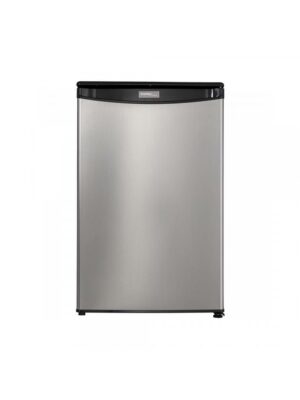 Danby appliances 4.4 cu ft compact fridge stainless DAR044A4BSSDD front view showing brushed stainless steel finish and single door design on a plain background