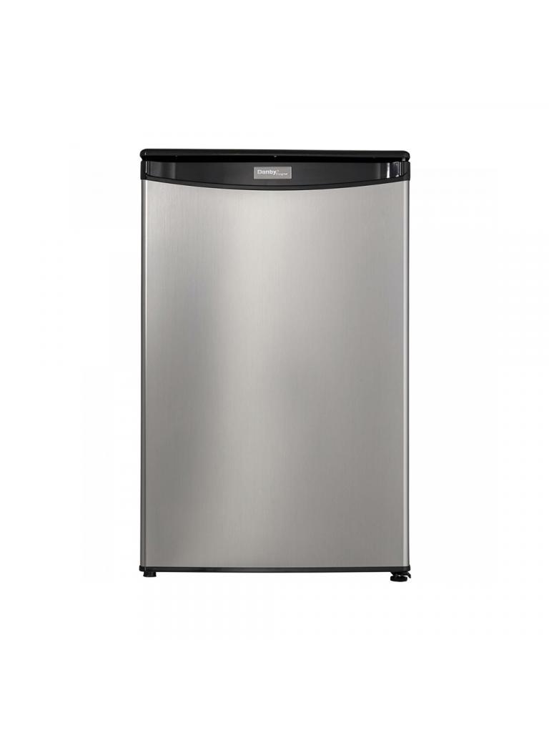 Danby appliances 4.4 cu ft compact fridge stainless DAR044A4BSSDD front view showing brushed stainless steel finish and single door design on a plain background