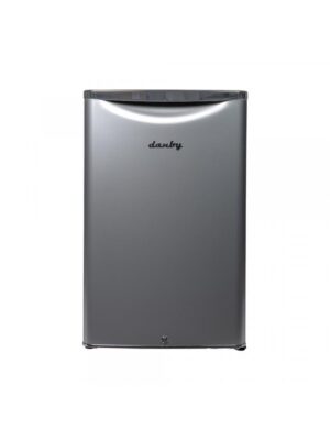 Danby appliances 4.4 cu ft compact fridge silver DAR044A6DDB front view showing metallic silver finish, curved top edge, and single door design