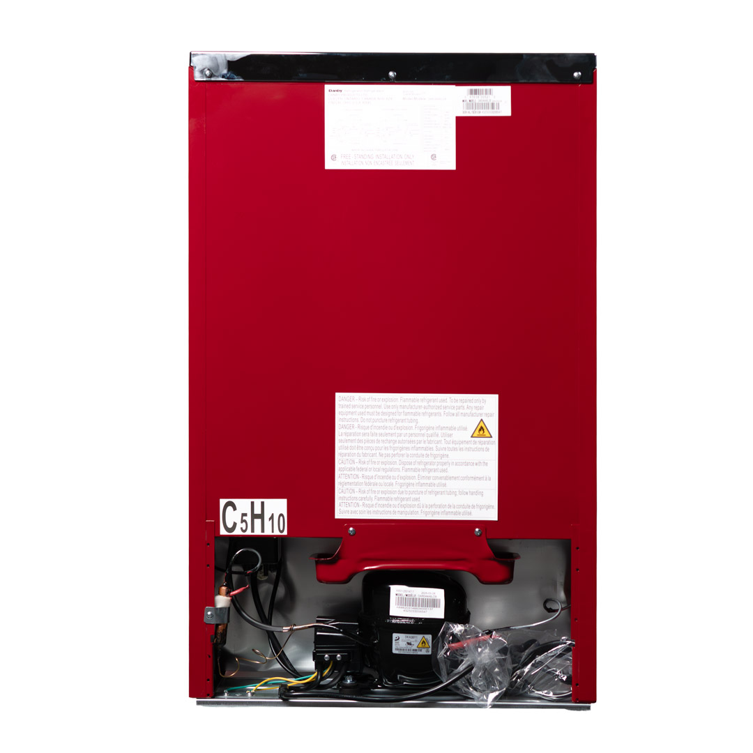Danby appliances 4.4 cu ft compact fridge red DAR044A6LDB rear view showing back panel, ventilation area, and compact cabinet structure