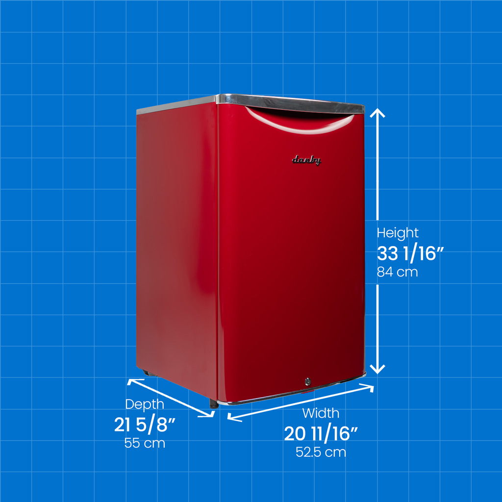 Danby appliances 4.4 cu ft compact fridge red DAR044A6LDB angled view with product dimensions shown on a blue grid background