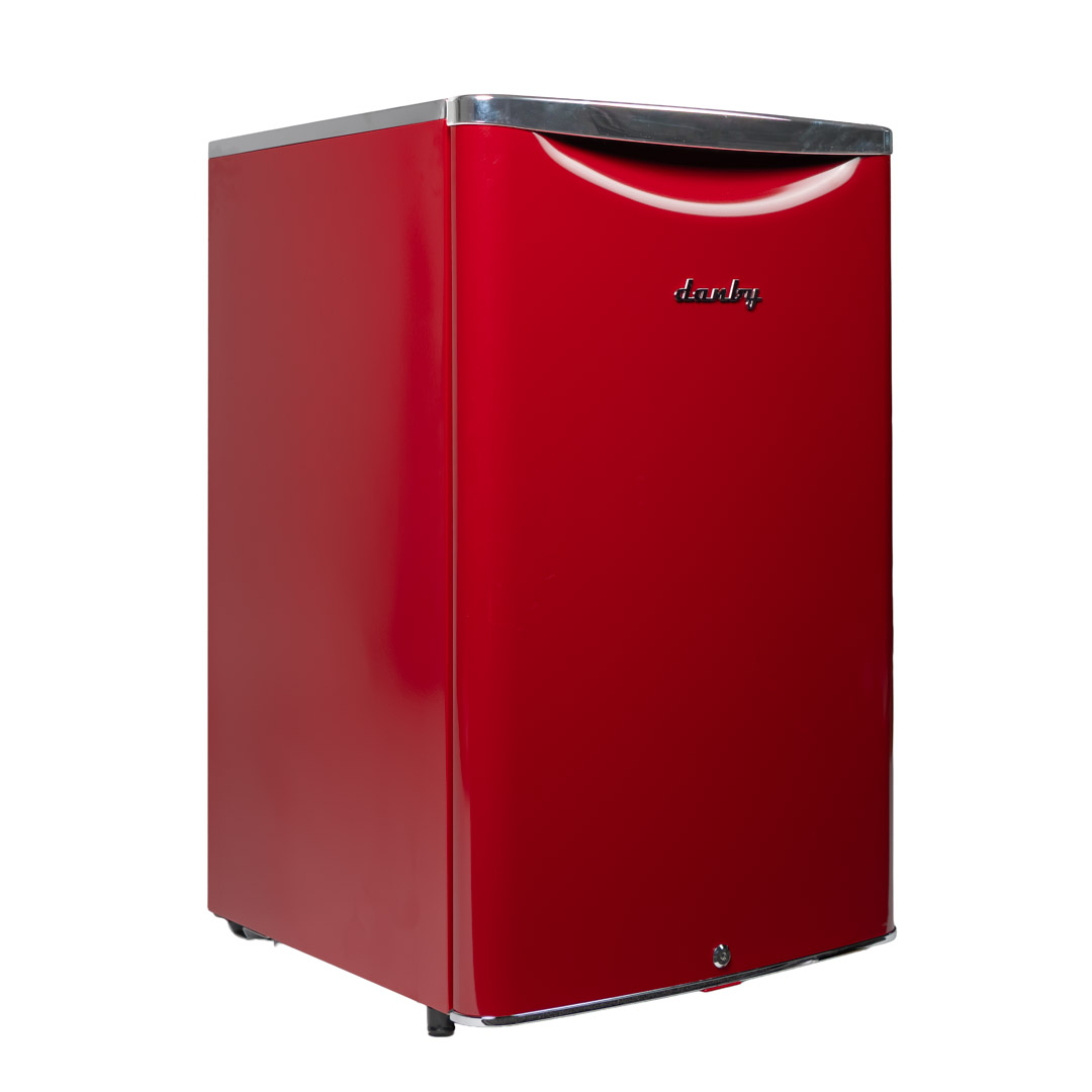 Danby appliances 4.4 cu ft compact fridge red DAR044A6LDB angled right view showing metallic red cabinet and compact design