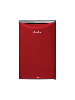 Danby appliances 4.4 cu ft compact fridge red DAR044A6LDB front view showing metallic red finish and curved top edge with single door design on a plain background