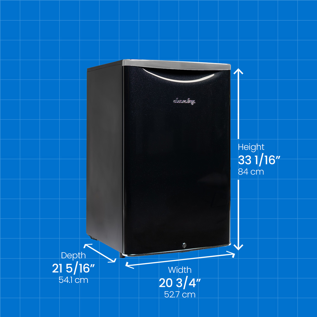 Danby appliances 4.4 cu ft compact fridge black DAR044A6MDB angled view with product dimensions shown on a blue grid background