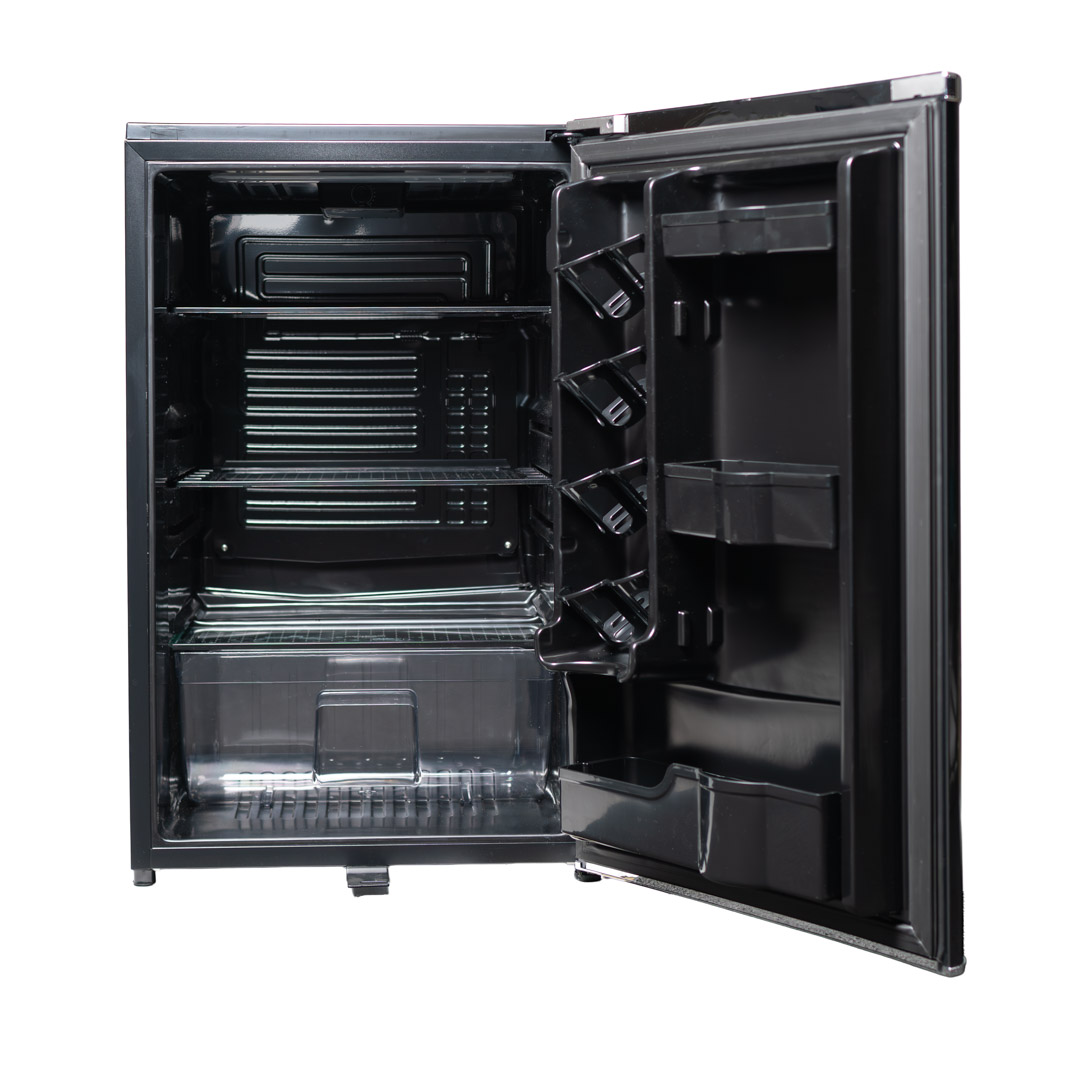 Danby appliances 4.4 cu ft compact fridge black DAR044A6MDB open front view showing empty interior compartment with glass shelves and door storage