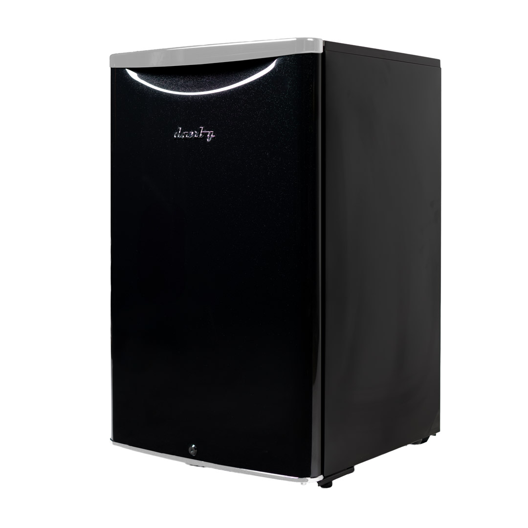 Danby appliances 4.4 cu ft compact fridge black DAR044A6MDB angled left view showing side panel and hinge placement
