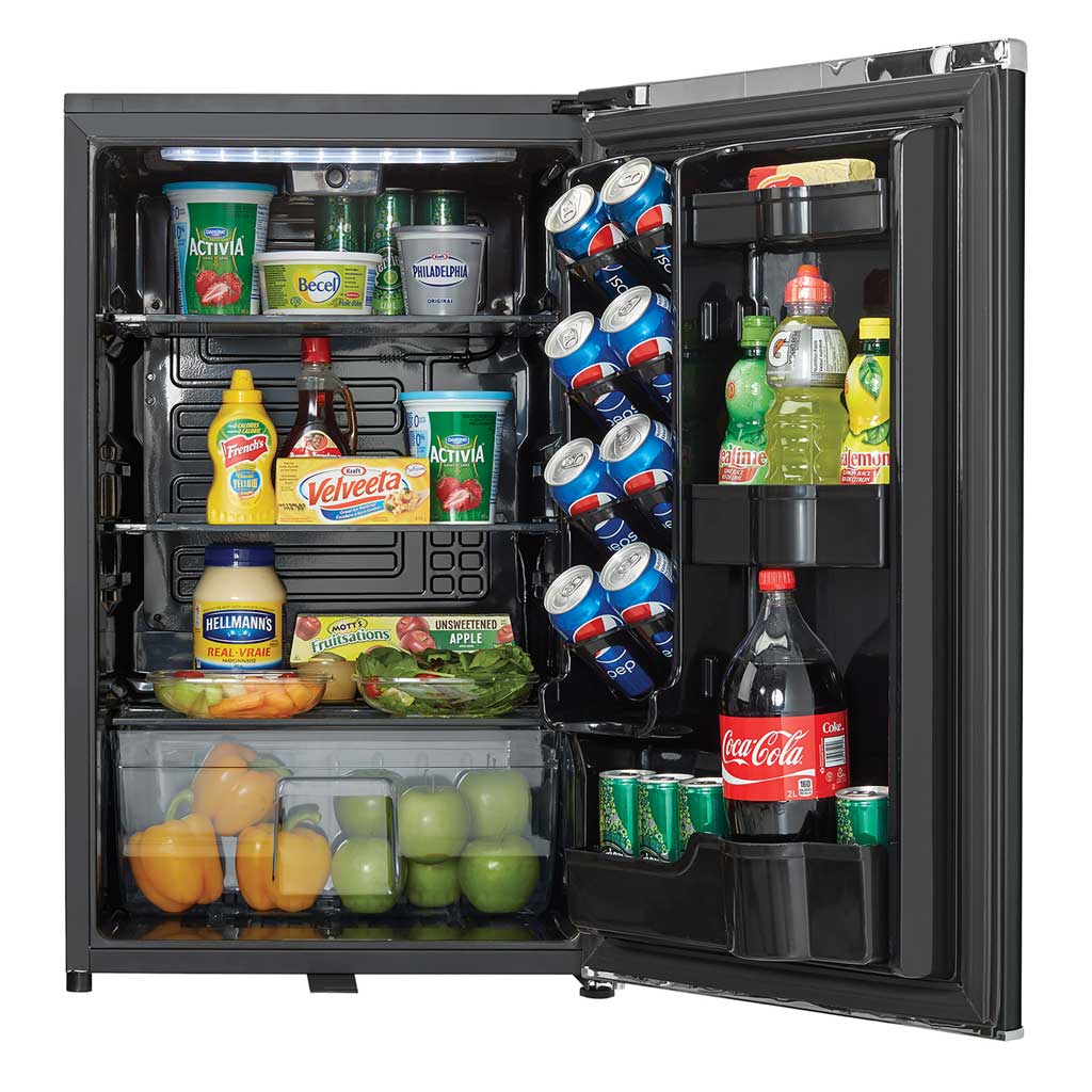 Danby appliances 4.4 cu ft compact fridge black DAR044A6MDB open front view showing interior stocked with beverages and food items on shelves