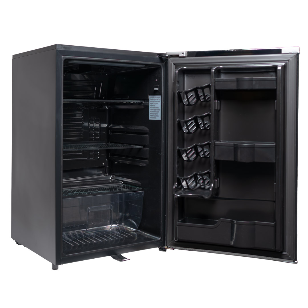 Danby appliances 4.4 cu ft compact fridge black DAR044A6MDB open front view showing empty interior compartment with glass shelves and door storage