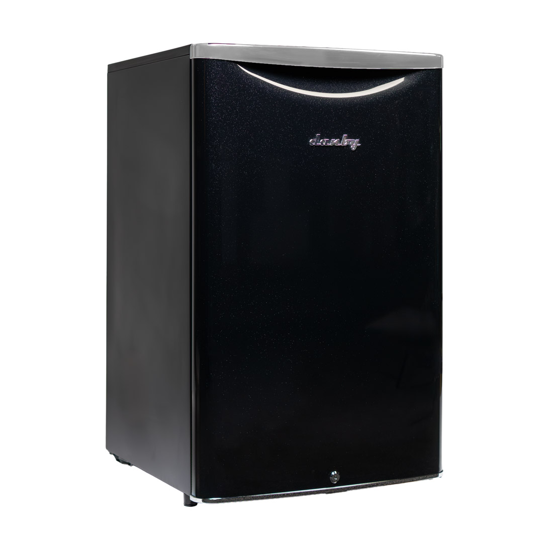 Danby appliances 4.4 cu ft compact fridge black DAR044A6MDB angled right view showing compact cabinet and black finish
