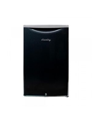 Danby appliances 4.4 cu ft compact fridge black DAR044A6MDB front view showing smooth midnight black finish and single door design on a plain background
