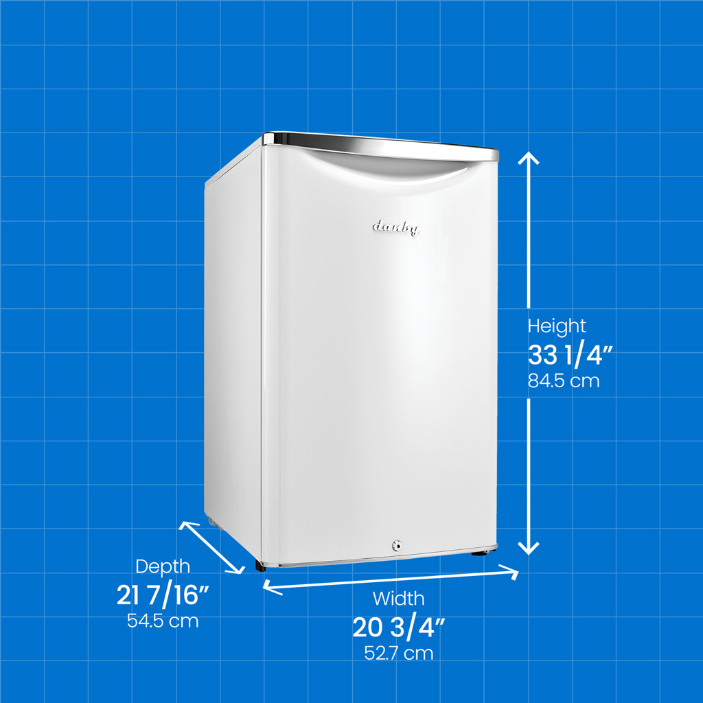 Danby 4.4 cu. ft. Contemporary Classic Compact Fridge in Pearl White 5 Danby appliances 4.4 cu ft compact fridge white DAR044A6PDB angled view with product dimensions shown on a blue grid background