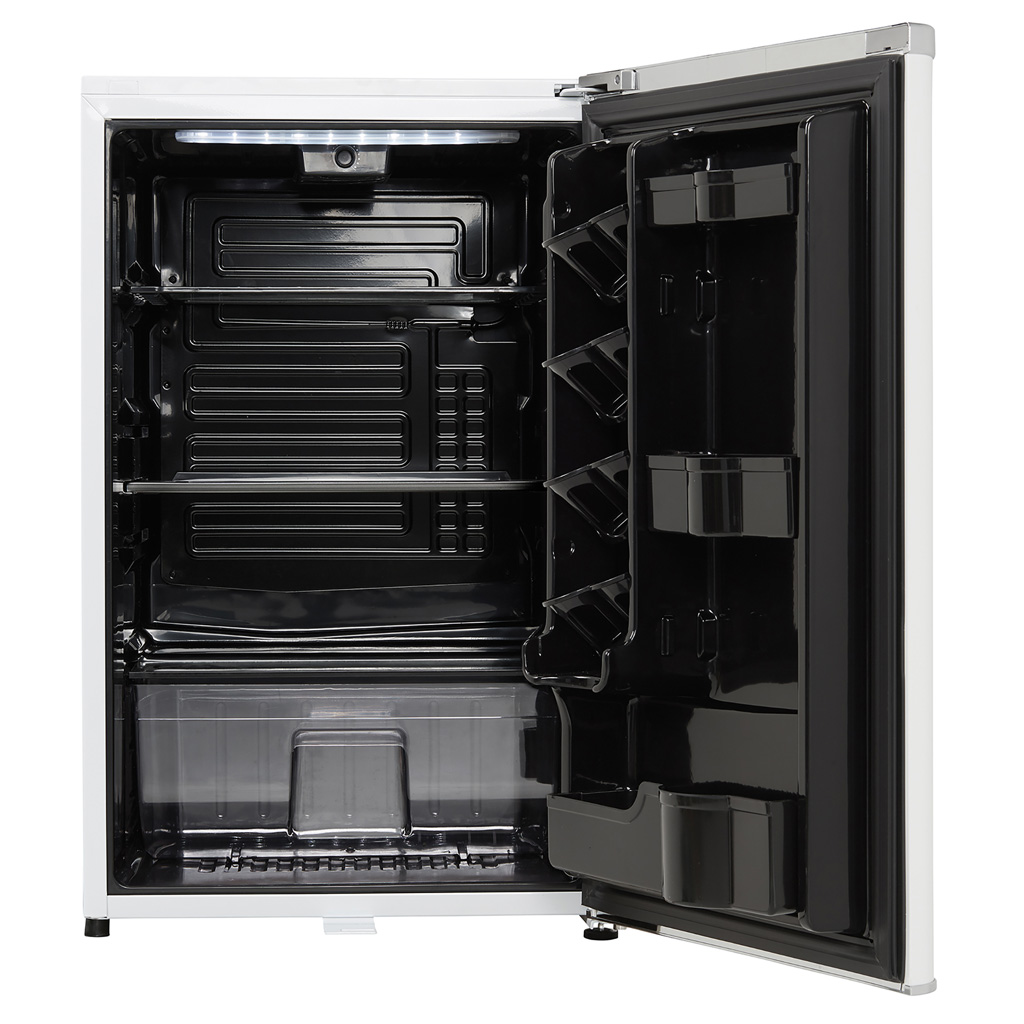 Danby 4.4 cu. ft. Contemporary Classic Compact Fridge in Pearl White 7 Danby appliances 4.4 cu ft compact fridge white DAR044A6PDB open front view showing empty interior compartment with glass shelves and door storage
