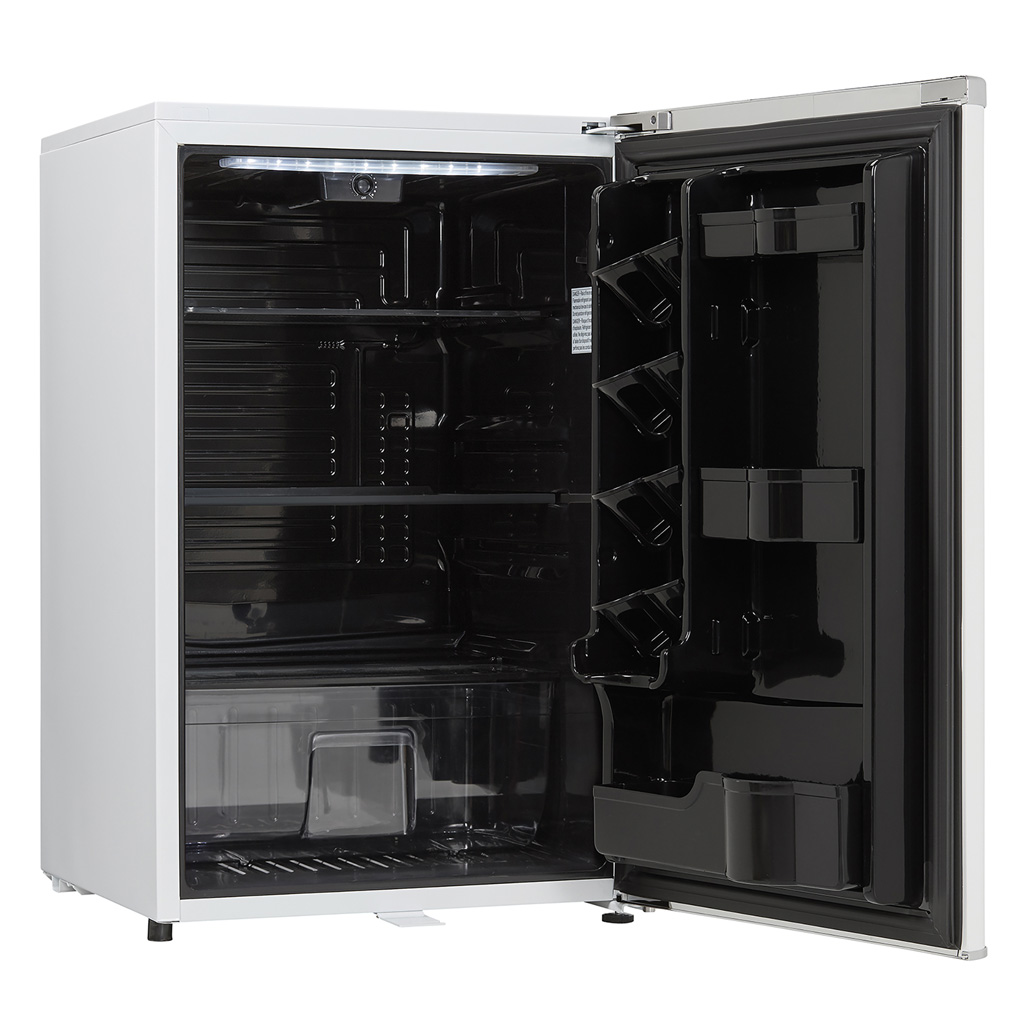 Danby 4.4 cu. ft. Contemporary Classic Compact Fridge in Pearl White 8 Danby appliances 4.4 cu ft compact fridge white DAR044A6PDB open front view showing empty interior compartment with glass shelves and door storage