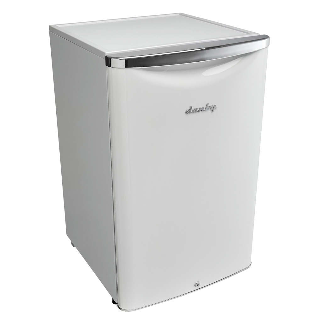 Danby 4.4 cu. ft. Contemporary Classic Compact Fridge in Pearl White 9 Danby appliances 4.4 cu ft compact fridge white DAR044A6PDB upper angled view showing flat worktop surface and cabinet design
