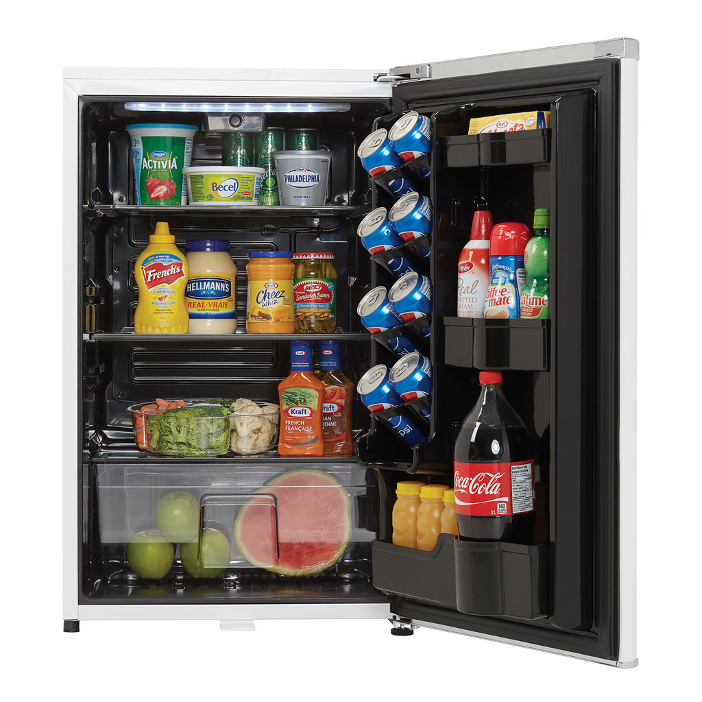 Danby 4.4 cu. ft. Contemporary Classic Compact Fridge in Pearl White 6 Danby appliances 4.4 cu ft compact fridge white DAR044A6PDB open front view showing interior stocked with beverages, fruit, and food items on shelves