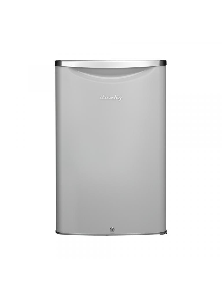 Danby appliances 4.4 cu ft compact fridge white DAR044A6PDB front view showing pearl white finish and curved top edge with single door design on a plain background