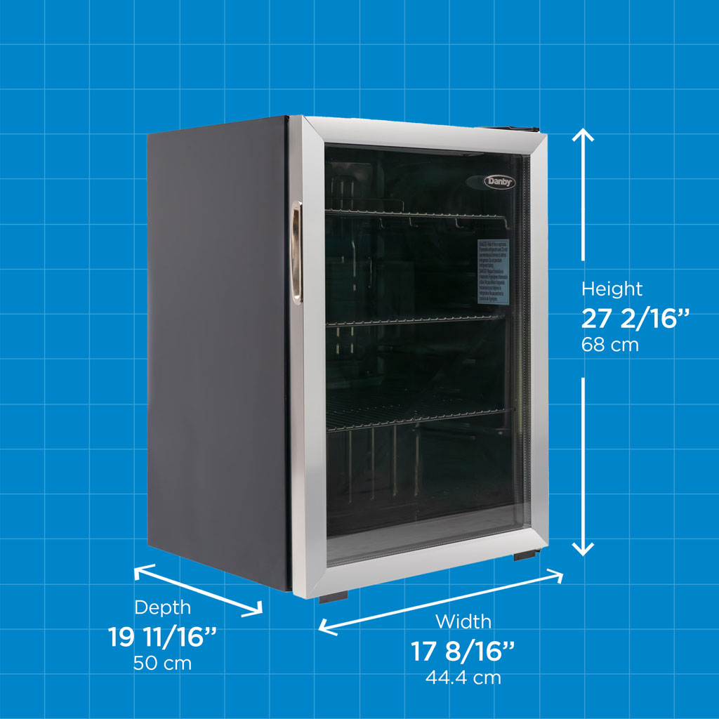Danby 2.6 cu. ft. Free-Standing Beverage Center in Stainless Steel 7 Danby appliances 2.6 cu ft beverage center stainless DBC026A1BSSDB angled view with product dimensions showing height 27 2/16 inches 68 cm, width 17 8/16 inches 44.4 cm, and depth 19 11/16 inches 50 cm on a blue grid background