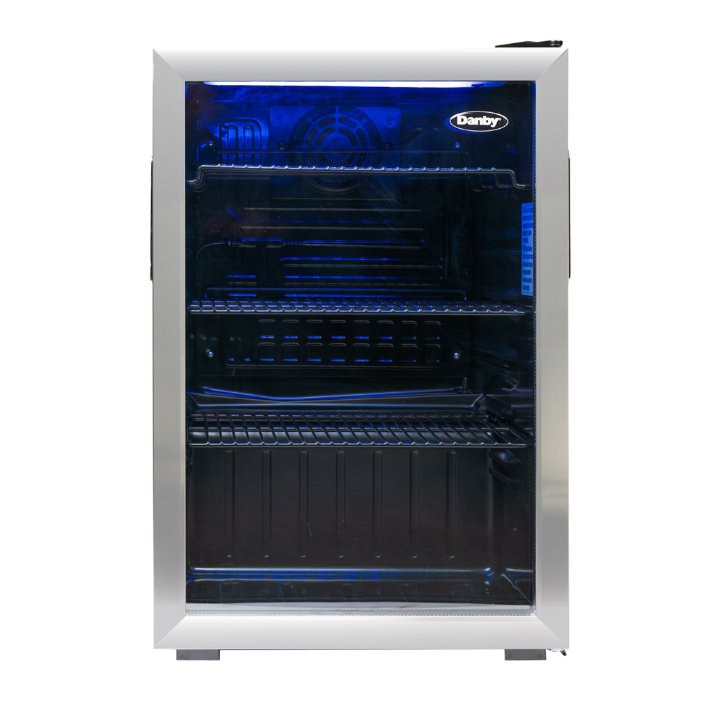 Danby 2.6 cu. ft. Free-Standing Beverage Center in Stainless Steel 8 Danby appliances 2.6 cu ft beverage center stainless DBC026A1BSSDB front view showing empty interior shelves illuminated with blue LED lighting