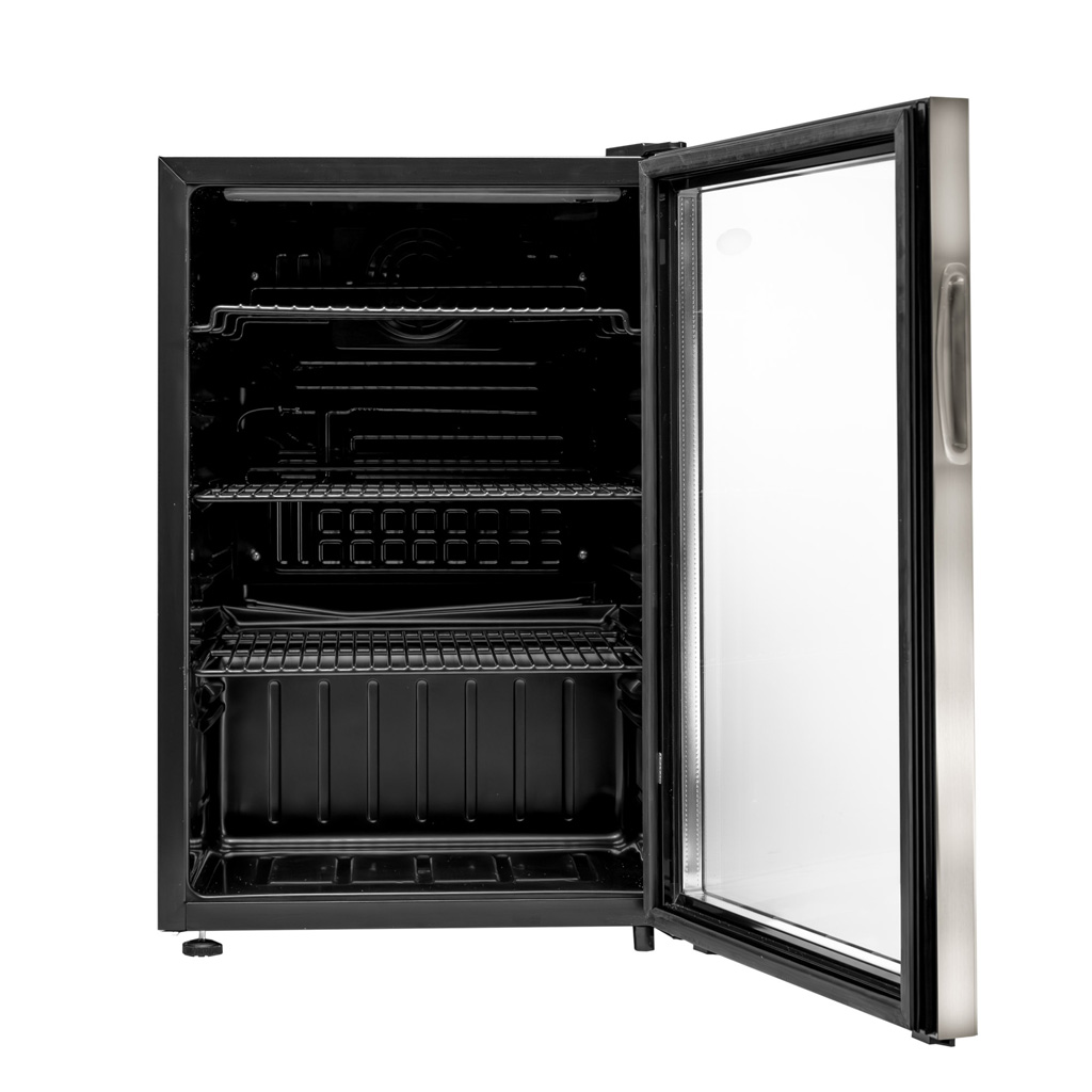 Danby 2.6 cu. ft. Free-Standing Beverage Center in Stainless Steel 9 Danby appliances 2.6 cu ft beverage center stainless DBC026A1BSSDB front view with door open showing empty interior shelves and storage layout