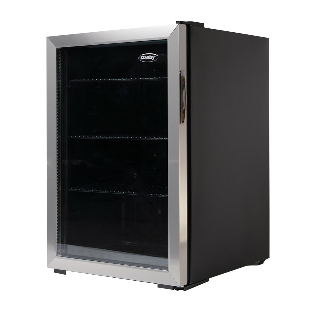 Danby 2.6 cu. ft. Free-Standing Beverage Center in Stainless Steel 3 Danby appliances 2.6 cu ft beverage center stainless DBC026A1BSSDB angled front view showing glass door, stainless steel frame, and empty interior shelves with storage layout visible