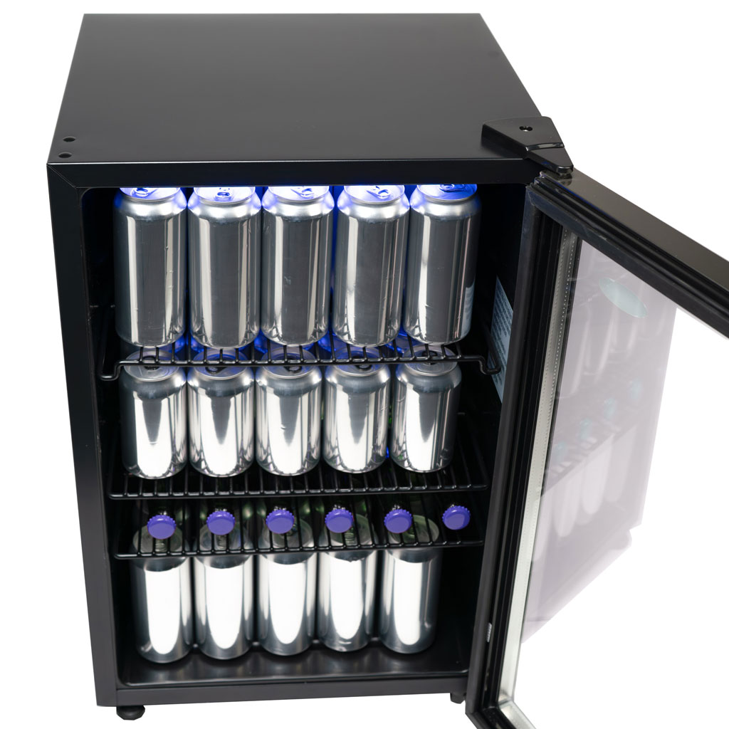 Danby 2.6 cu. ft. Free-Standing Beverage Center in Stainless Steel 10 Danby appliances 2.6 cu ft beverage center stainless DBC026A1BSSDB angled view with door open showing interior shelves stocked with beverage cans