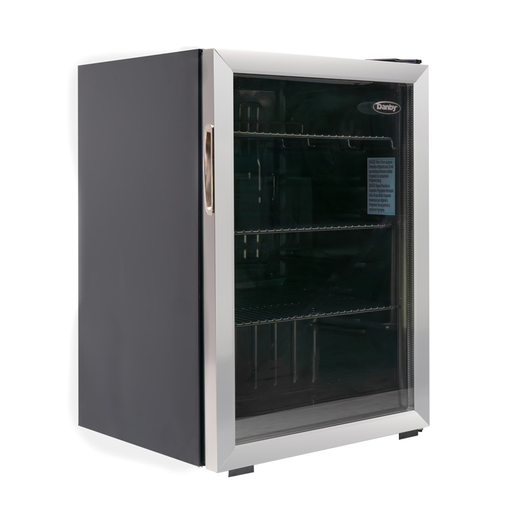 Danby 2.6 cu. ft. Free-Standing Beverage Center in Stainless Steel 2 Danby appliances 2.6 cu ft beverage center stainless DBC026A1BSSDB angled front view showing glass door, stainless steel frame, and empty interior shelves with storage layout visible