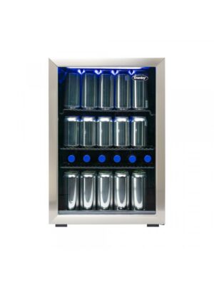 Danby appliances 2.6 cu ft beverage center stainless DBC026A1BSSDB front view showing glass door, stainless steel frame, and interior shelves stocked with beverage cans under blue LED lighting