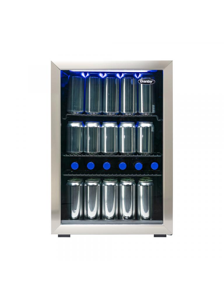 Danby appliances 2.6 cu ft beverage center stainless DBC026A1BSSDB front view showing glass door, stainless steel frame, and interior shelves stocked with beverage cans under blue LED lighting