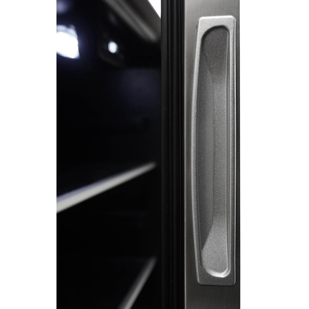 Danby appliances 4.5 cu ft beverage center stainless DBC045L1SS close-up of side handle showing brushed stainless steel finish