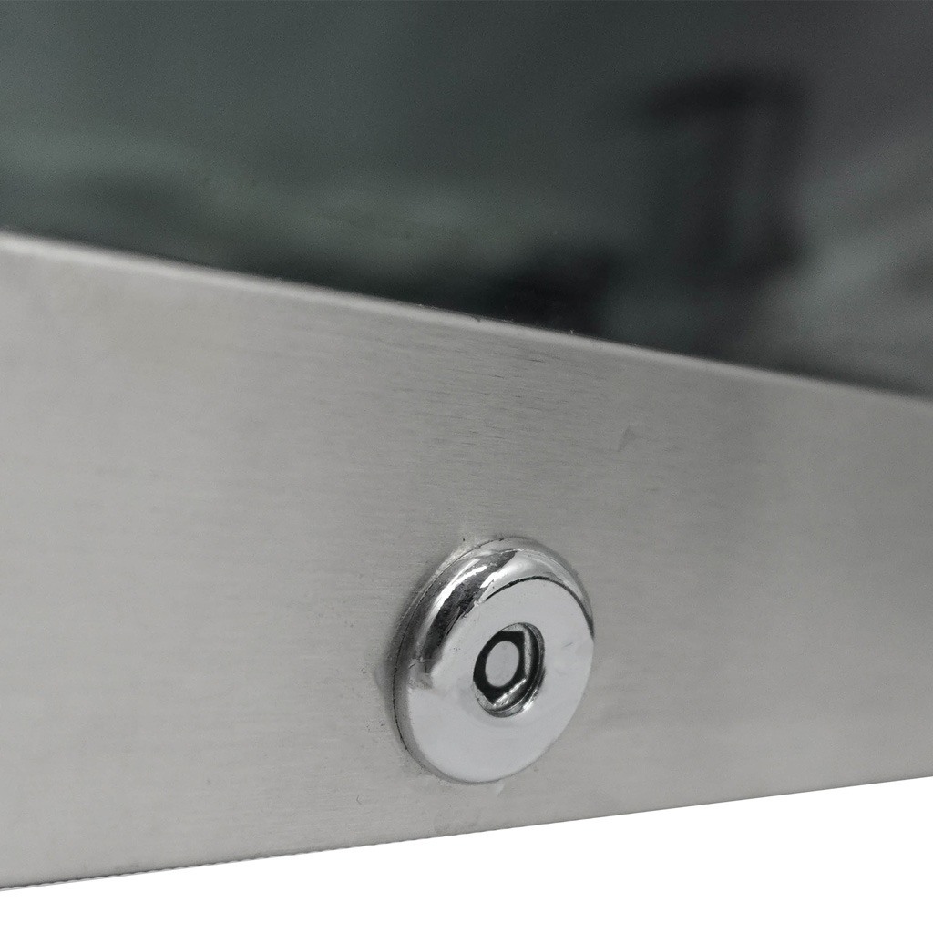 Danby appliances 4.5 cu ft beverage center stainless DBC045L1SS close-up of front door lock and key mechanism on stainless steel frame