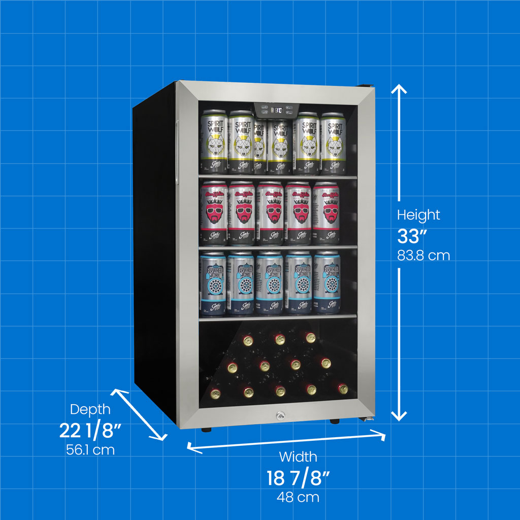 Danby appliances 4.5 cu ft beverage center stainless DBC045L1SS angled view with product dimensions showing height 33 inches 83.8 cm, width 18 7/8 inches 48 cm, and depth 22 1/8 inches 56.1 cm on a blue grid background