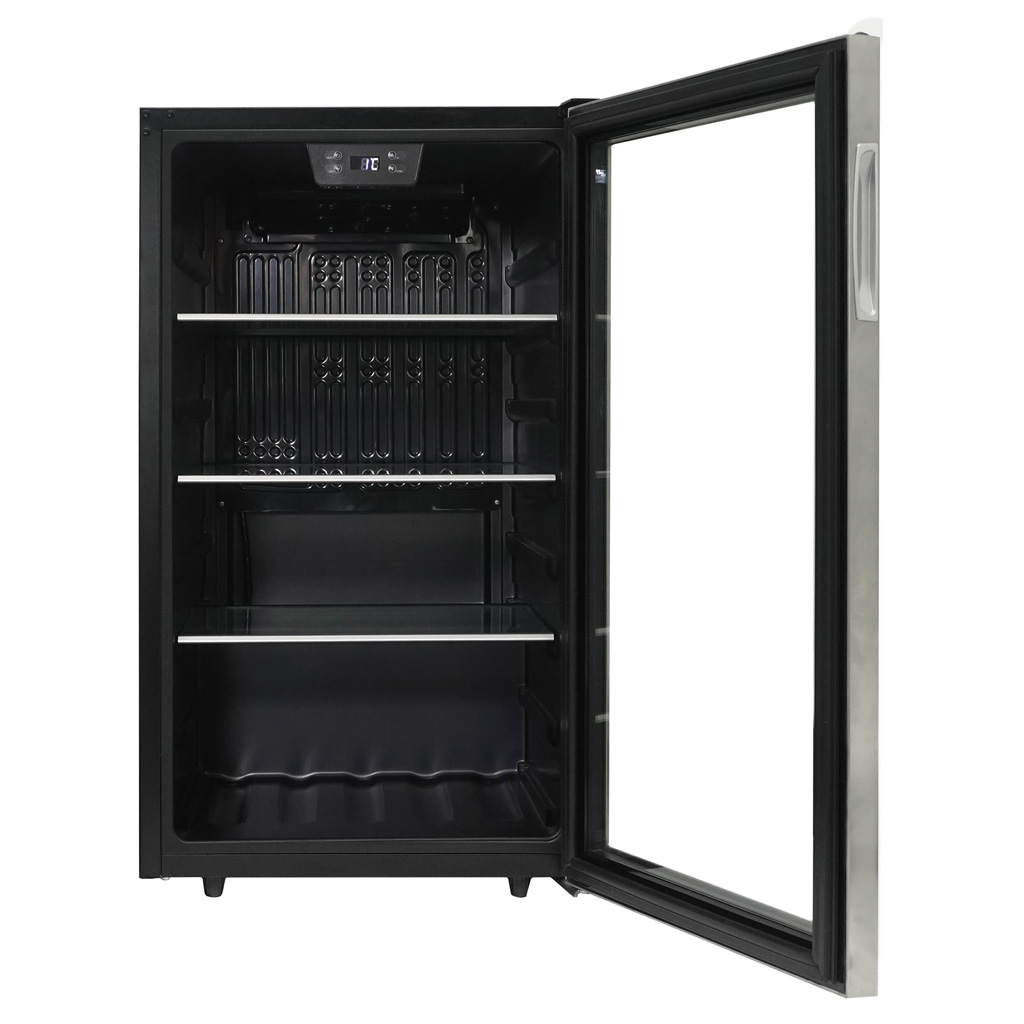 Danby appliances 4.5 cu ft beverage center stainless DBC045L1SS front view with door open showing empty interior shelves and storage layout