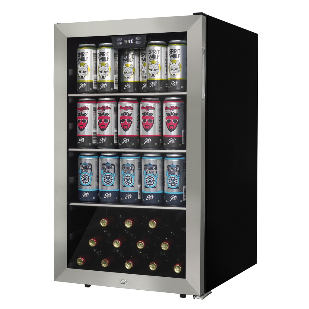 Danby appliances 4.5 cu ft beverage center stainless DBC045L1SS angled front view showing glass door, stainless steel frame, digital control panel, and interior shelves stocked with beverage cans and wine bottles on a plain background