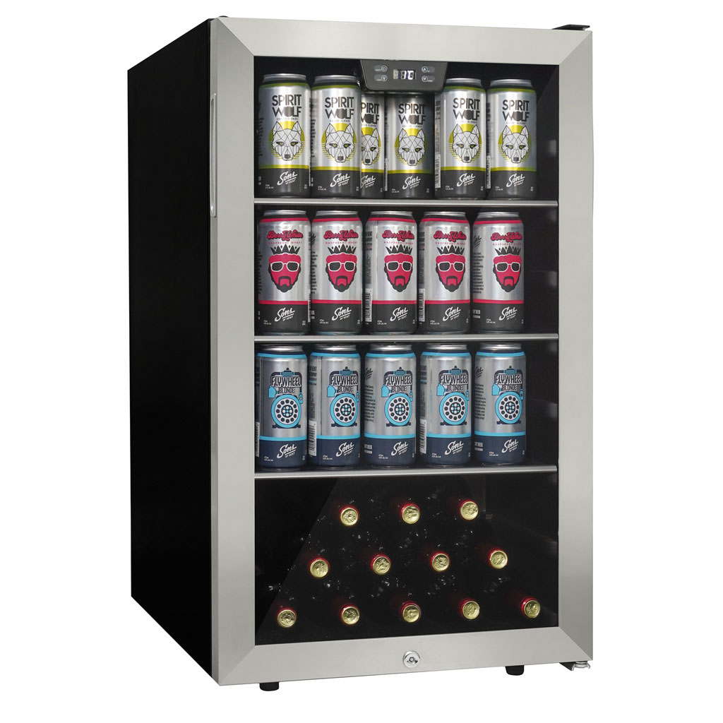 Danby appliances 4.5 cu ft beverage center stainless DBC045L1SS angled front view showing glass door, stainless steel frame, digital control panel, and interior shelves stocked with beverage cans and wine bottles on a plain background