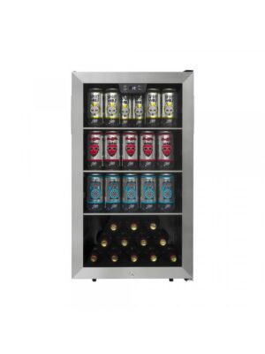 Danby appliances 4.5 cu ft beverage center stainless DBC045L1SS front view showing glass door, stainless steel frame, and interior shelves stocked with beverage cans and bottles on a plain background