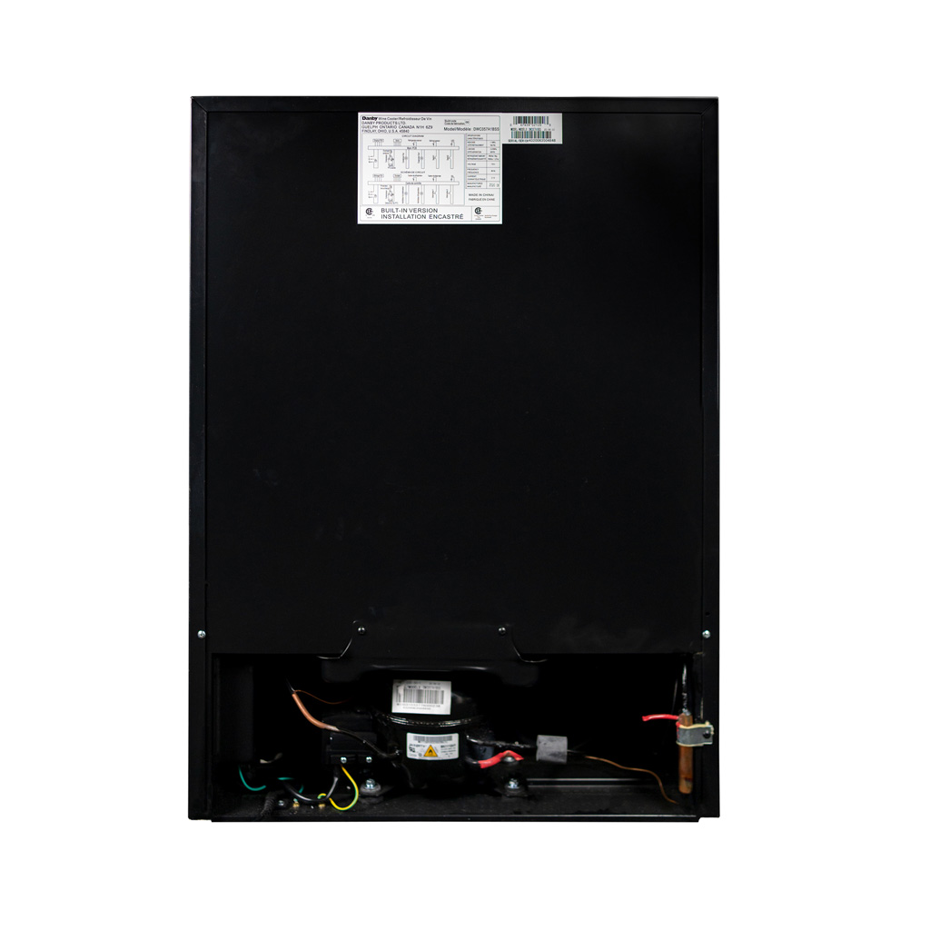 Danby appliances 5.7 cu ft built in beverage center stainless DBC057A1BSS rear view showing black back panel and exposed compressor components at the base on a plain background