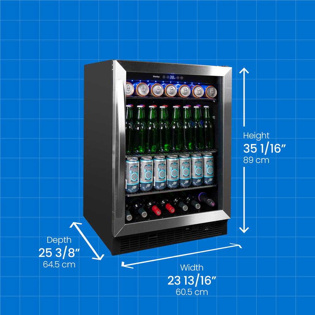 Danby appliances 5.7 cu ft built in beverage center stainless DBC057A1BSS angled front view with product dimensions showing height 35 1/16 inches 89 cm, width 23 13/16 inches 60.5 cm, and depth 25 3/8 inches 64.5 cm on a blue grid background