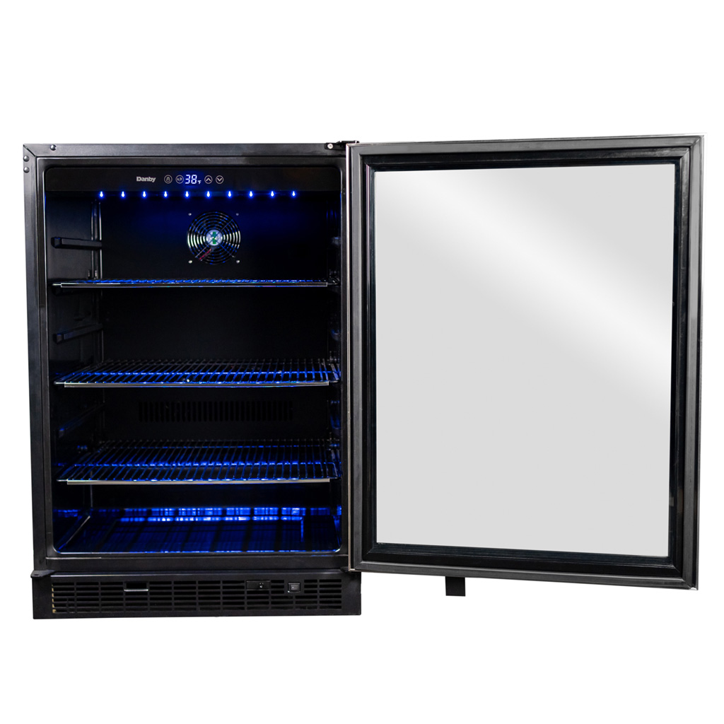 Danby appliances 5.7 cu ft built in beverage center stainless DBC057A1BSS open front view showing interior shelves, rear cooling fan, and blue LED lighting