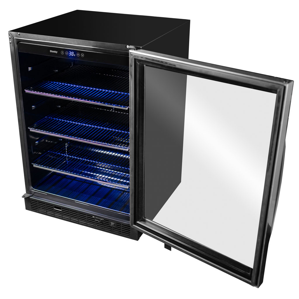 Danby appliances 5.7 cu ft built in beverage center stainless DBC057A1BSS angled front view with door open showing interior shelving and stainless steel frame