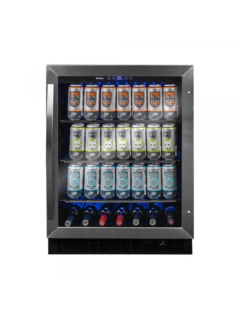 Danby appliances 5.7 cu ft built in beverage center stainless DBC057A1BSS front view showing glass door, stainless steel frame, digital control panel, and interior shelves stocked with beverage cans and wine bottles on a plain background
