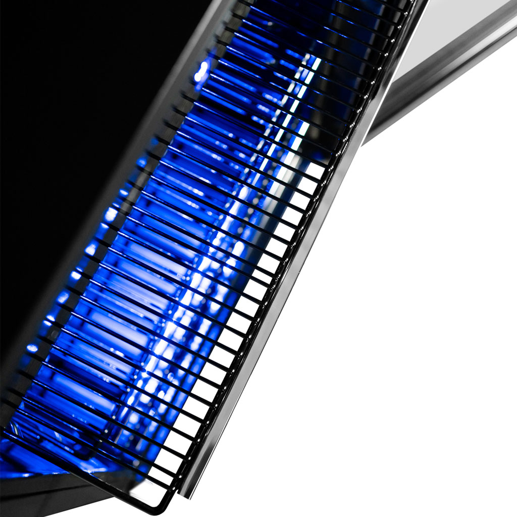 Danby appliances 5.7 cu ft built in beverage center stainless DBC057A1BSS close-up of removable wire shelf with blue LED lighting and rack structure