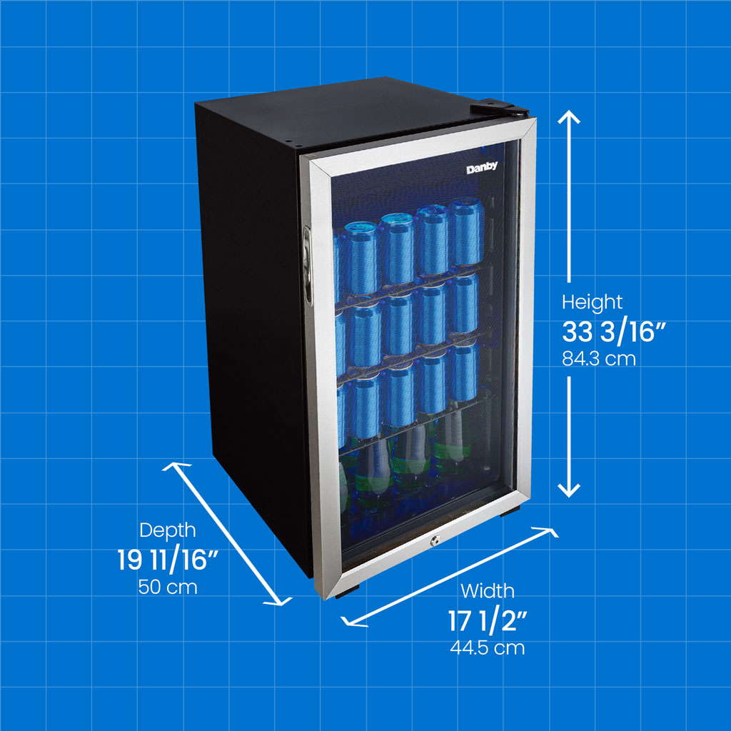 Danby appliances 3.1 cu ft beverage center stainless DBC117A1BSSDB-6 angled view with product dimensions showing height 33 3/16 inches 84.3 cm, width 17 1/2 inches 44.5 cm, and depth 19 11/16 inches 50 cm on a blue grid background