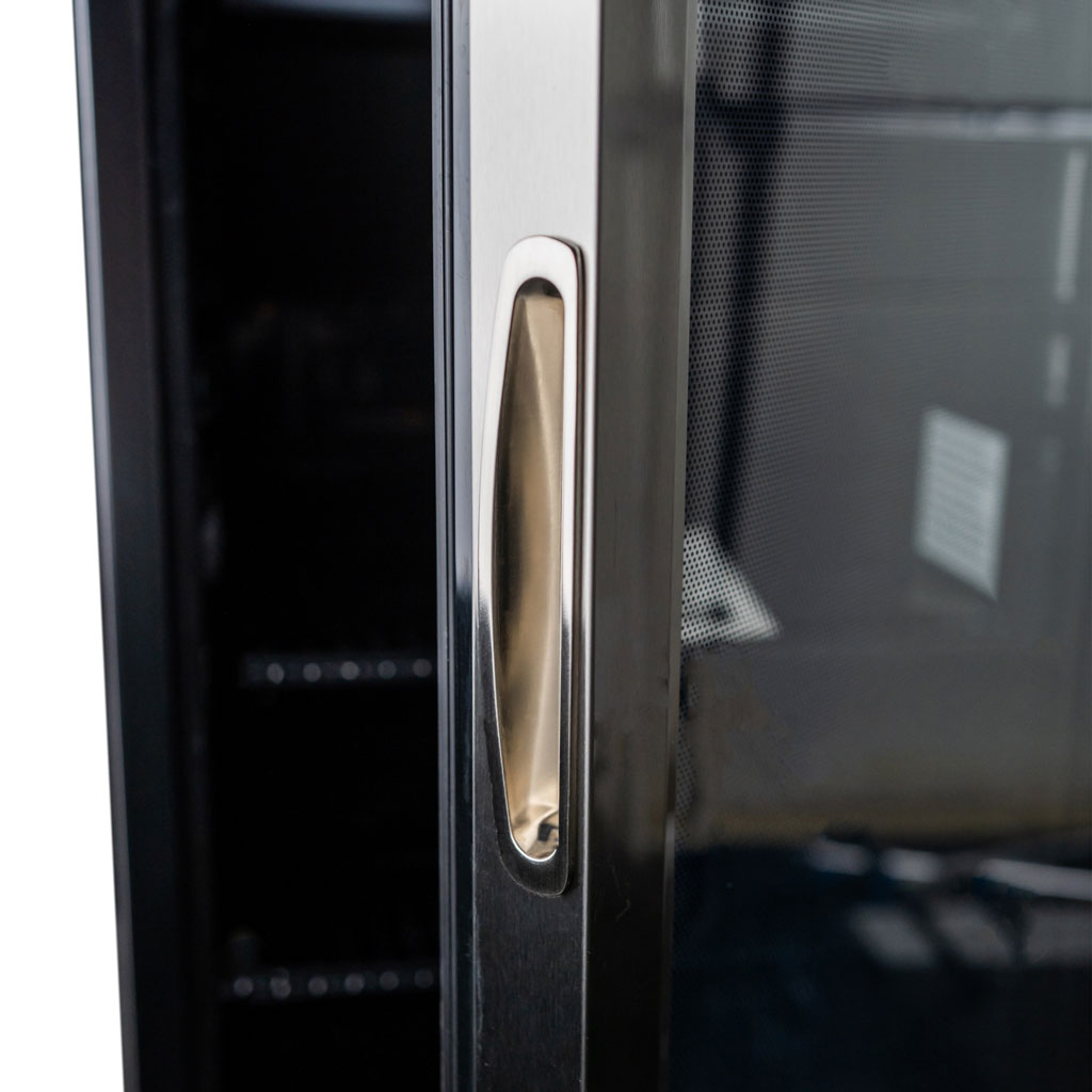 Danby appliances 3.1 cu ft beverage center stainless DBC117A1BSSDB-6 close-up of recessed door handle on glass door with stainless steel frame