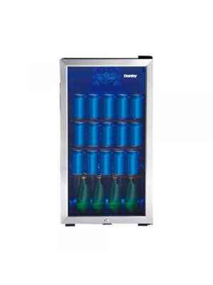 Danby appliances 3.1 cu ft beverage center stainless DBC117A1BSSDB-6 front view showing glass door, stainless steel frame, and interior shelves stocked with beverage cans and bottles arranged in rows