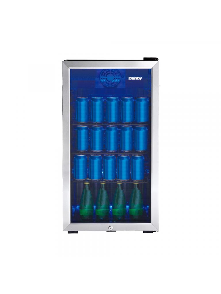 Danby appliances 3.1 cu ft beverage center stainless DBC117A1BSSDB-6 front view showing glass door, stainless steel frame, and interior shelves stocked with beverage cans and bottles arranged in rows