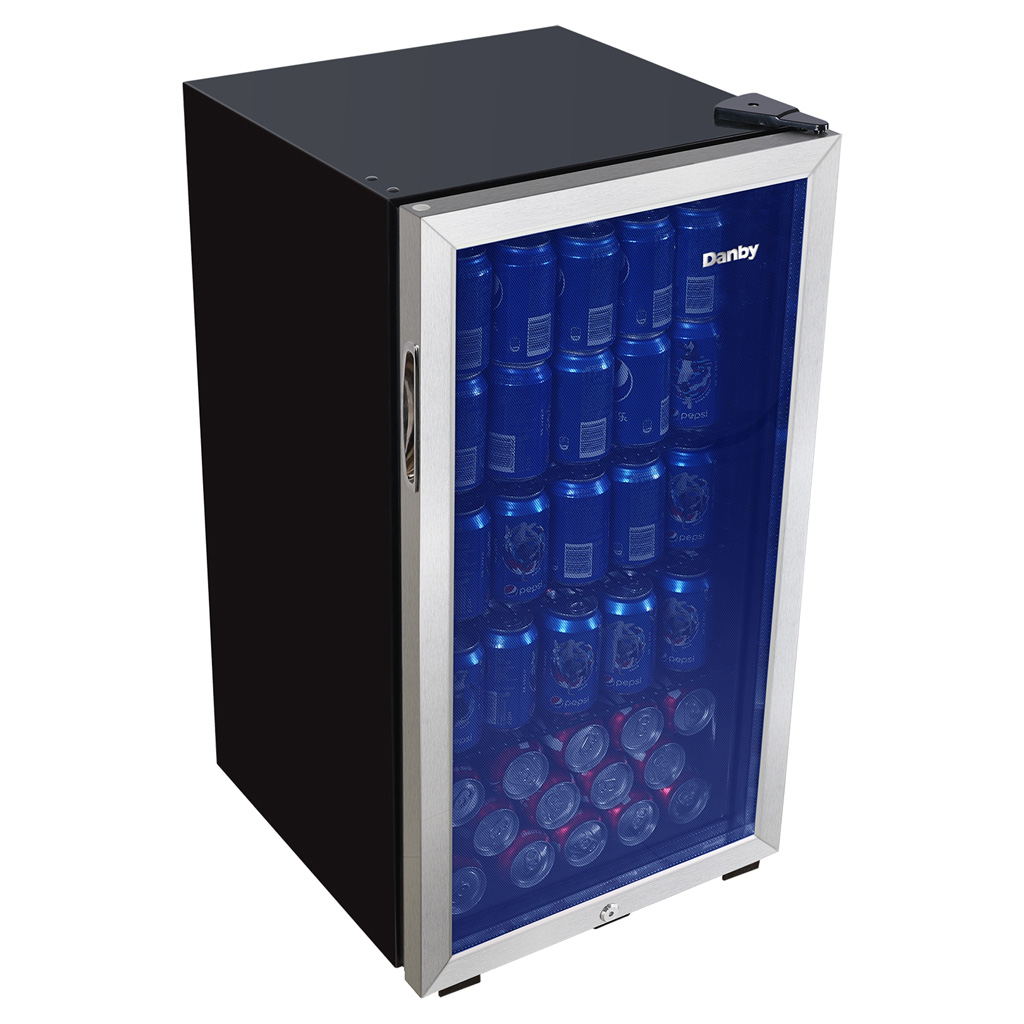 Danby appliances 3.1 cu ft beverage center stainless DBC117A1BSSDB-6 angled front view showing glass door, stainless steel frame, and interior packed with beverage cans under blue LED lighting