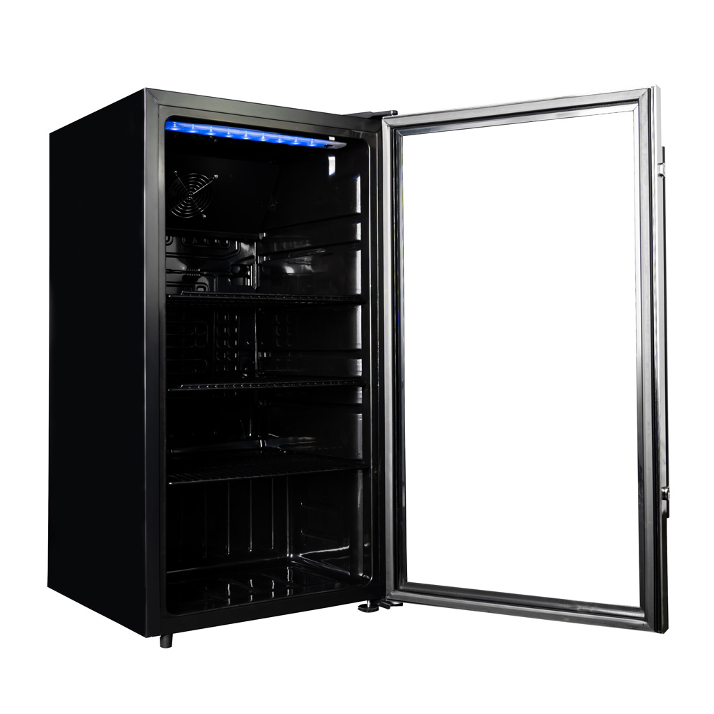 Danby 3.1 cu. ft. Free-Standing Beverage Center in Stainless Steel 9 Danby appliances 3.1 cu ft beverage center stainless DBC117A2BSSDD-6 angled view with door open showing interior shelves and storage layout