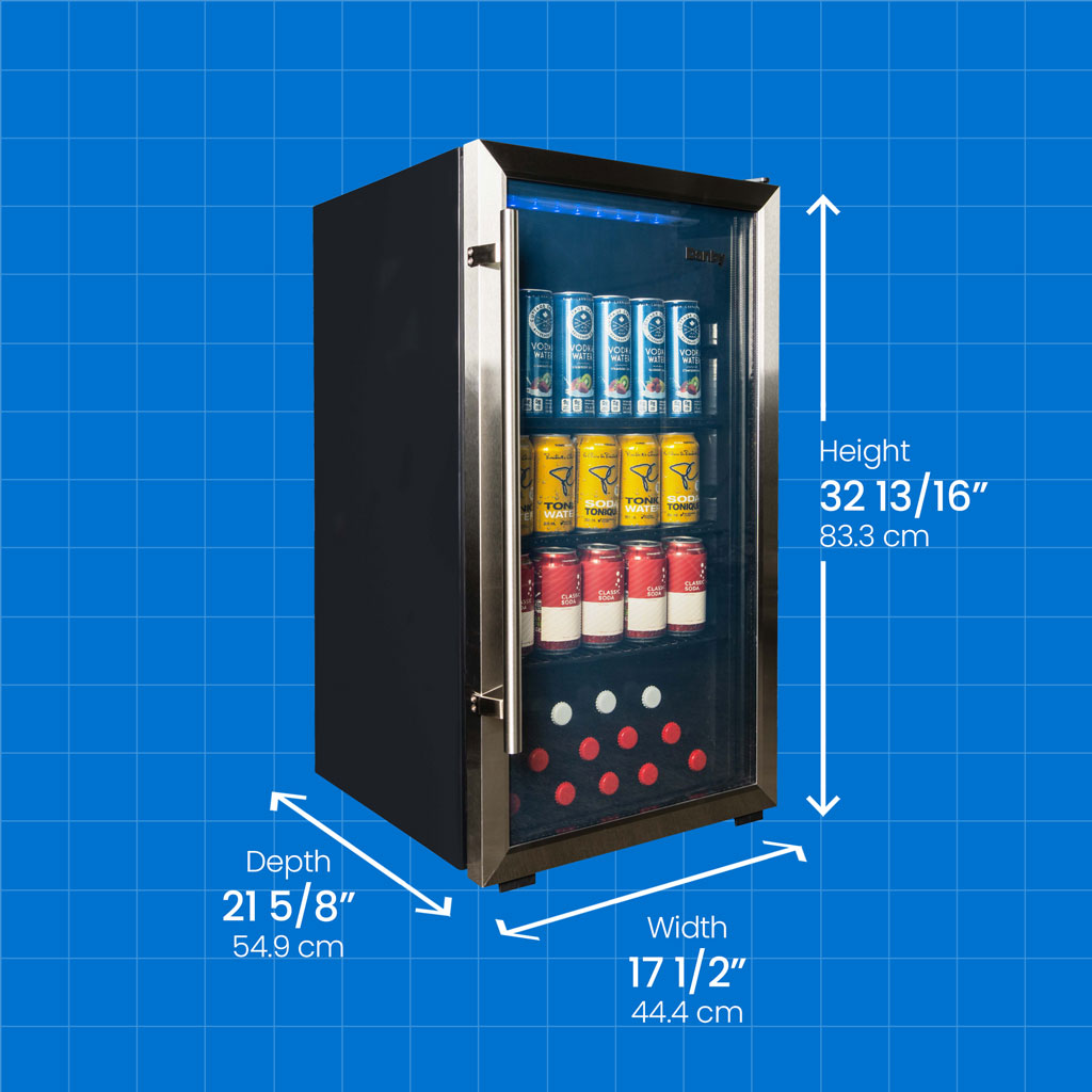 Danby 3.1 cu. ft. Free-Standing Beverage Center in Stainless Steel 6 Danby appliances 3.1 cu ft beverage center stainless DBC117A2BSSDD-6 angled view with product dimensions showing height 32 13/16 inches 83.3 cm, width 17 1/2 inches 44.4 cm, and depth 21 5/8 inches 54.9 cm on a blue grid background
