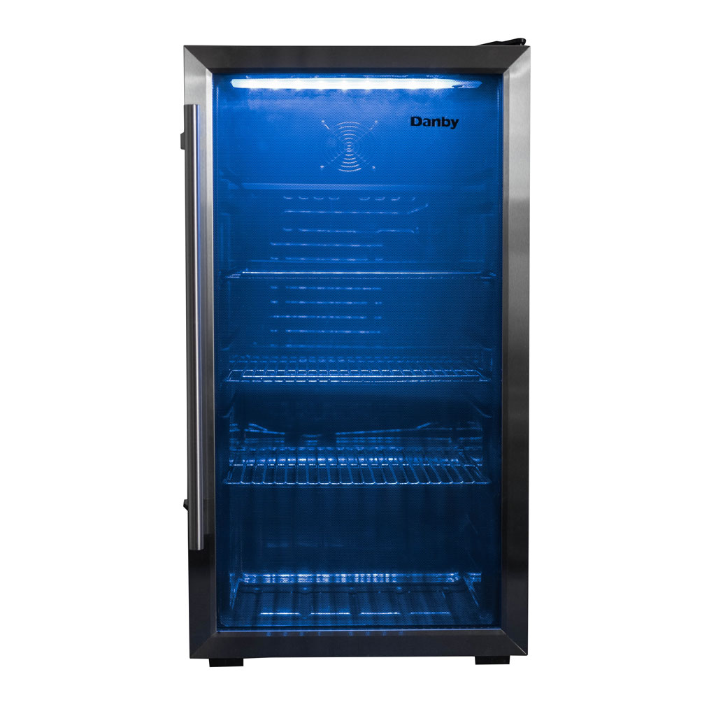 Danby 3.1 cu. ft. Free-Standing Beverage Center in Stainless Steel 7 Danby appliances 3.1 cu ft beverage center stainless DBC117A2BSSDD-6 front view showing empty interior shelves and blue LED lighting inside the cabinet