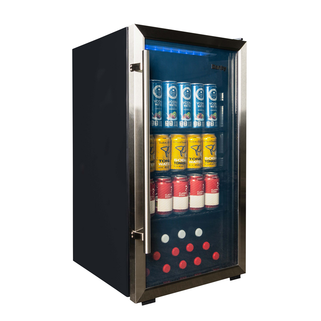 Danby 3.1 cu. ft. Free-Standing Beverage Center in Stainless Steel 2 Danby appliances 3.1 cu ft beverage center stainless DBC117A2BSSDD-6 angled front view showing glass door, stainless steel frame, and interior shelves stocked with beverage cans